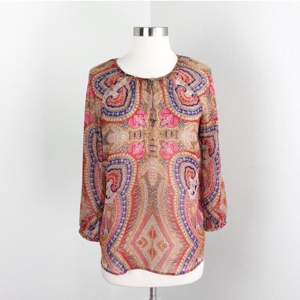 New York & Company caramel printed long sleeve top